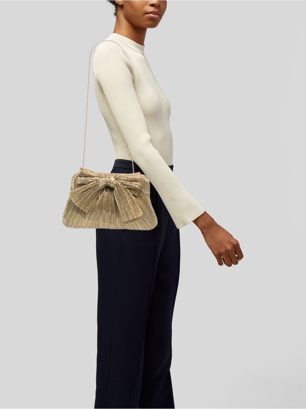 Loeffler Randall Rayne Gold Pleated Bow Clutch NWT